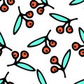 A pattern of cherries. a seamless pattern of hand-drawn pairs of red cherries in doodle style with turquoise leaves randomly Royalty Free Stock Photo