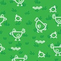 Pattern chickens walking on grass and pecking worms on green background. Chicken pattern background.