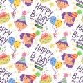 A pattern with children, gifts and the inscription happy birthday brother. A girl, a boy in festive cones with gift