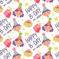 A pattern with children, gifts and the inscription happy birthday friend. A girl, a boy in festive cones with bags, gift