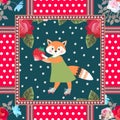 Pattern for children with little fox, polka dot background and flowers in patchwork style Royalty Free Stock Photo