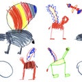Pattern children`s drawing flying animals. child`s hand drawing