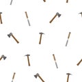 Pattern of chisel with a wooden handle, axe with wooden handle and hammer with wooden handle in a realistic design. On a
