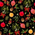 Pattern with Christmas balls and winter flora