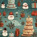 pattern from Christmas concept wiht cake gift box snowman and Christmas tree