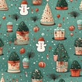 pattern from Christmas concept wiht cake gift box snowman and Christmas tree