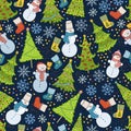 Pattern with Christmas tree, snowflake and snowman