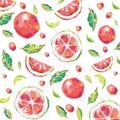 Pattern of citrus grapefruit print, trendy exotic sunny background.Hand-drawn watercolor effect for textile.vector illustration