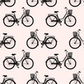 Pattern of classic women bicycle silhouette, ecological sport transport on pink background. vector illustrator