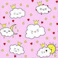 Pattern with clouds and funny emotions, cute emotions on an isolated background. Royalty Free Stock Photo