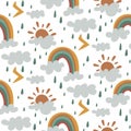 A pattern of clouds, sun, rainbows, thunderstorms with rain on a white background. Rainbow seamless pattern, cartoon
