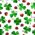 Pattern with clover and ladybugs. Royalty Free Stock Photo