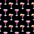 pattern with cocktail cosmopolitan watercolor illustration, alcoholic drink for girls