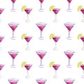 Pattern with cocktail cosmopolitan watercolor illustration, alcoholic drink for girls