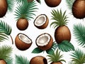 A Pattern Of Coconuts And Leaves On A White Background. Generative AI