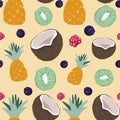 Pattern with coconuts, pineapples, kiwis and berries