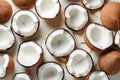 Pattern with coconuts, top view, minimal flat lay. Tropical nuts, abstract background. Open coconut, pastel background, healthy