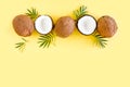 Pattern with coconuts and tropical palm leaves on yellow background. Tropical abstract background. Flat lay, top view. Royalty Free Stock Photo