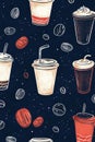 Pattern with coffee cups, beans, and abstract designs on a dark background Royalty Free Stock Photo