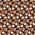 Pattern with coffee cups and coffee beans. View from above. Royalty Free Stock Photo