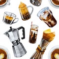 Watercolor seamless pattern of coffee drinks and design elements isolated on white