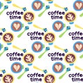 The pattern in the coffee time theme is a cute funny cartoon illustration with coffee cups with a spoon and foam Royalty Free Stock Photo