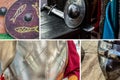 Pattern collage weapons and protection of a medieval warrior, red shield, iron breastplate plate and helmet with a mask Royalty Free Stock Photo