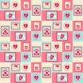 Pattern of colored blocks and elements for Valentine's Day. Stamps. Cups, hearts, birds and birdhouse, balloons