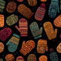 Pattern of Colorful Knitted Mittens and Winter Hats with Intricate Designs on Black Background Royalty Free Stock Photo