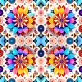 Rapport seamless of rosettes ornaments multicolor tapestry pattern. Generative AI. Pattern mirrored repeat duplicates background