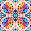 Rapport seamless of rosettes ornaments multicolor tapestry pattern. Generative AI. Pattern mirrored repeat duplicates background