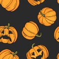 Pattern with colorful pumpkins with horrible face on black background. Halloween.