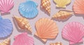 A pattern of colorful seashell illustrations featuring scallop and conch shells in Royalty Free Stock Photo