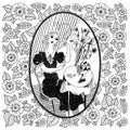 Pattern for coloring book for adult. Vintage girl drinking coffee in a cafe in the summer Royalty Free Stock Photo