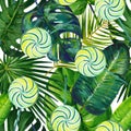 Gouache seamless pattern with tropic leaves and lollipop. Hand-drawn clipart for art work and weddind design