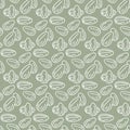 A pattern with contour sketches of almonds. The symbol is a doodle of nuts on a green background. Printing on textiles