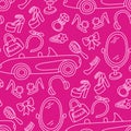 A pattern with contoured details for Barbie on a pink background. A mirror, a car, a comb, a hoop, a bow and other Royalty Free Stock Photo