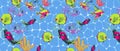 Pattern with coral and fish of different species and colorful with surface texture