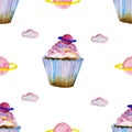 Pattern with cosmic cupcakes and clouds, planets