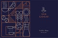 Web banner. Hand drawn illustration of Bakery and Coffee. Icons. Abstract geometric line background. Gold luxury.