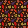 Pattern with eggplant, acorns, mushrooms, autumn leaves on a brown background Royalty Free Stock Photo