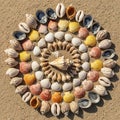 Pattern created with a variety of seashells is arranged on a Royalty Free Stock Photo