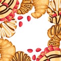 Pattern of croissant and pancakes with different fillings cream chocolate and sesame on top strawberry vector illustration isolate