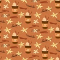 Pattern of a cup of coffee and spices. Coffee, vanilla and cinnamon. Royalty Free Stock Photo