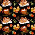 Pattern with cup of snow and ginger bread house Royalty Free Stock Photo