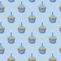 Pattern with cupcakes with blue glaze on blue background, 3d rendering