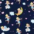 Pattern with cupids, hearts, clouds and stars. Vector graphics