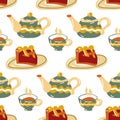 A pattern with cups, teapots and cherry pie on a plate. Cozy home autumn seamless background. Design of kitchen textiles