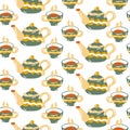 Pattern with cups and teapots. Cozy home autumn seamless background. Design of kitchen textiles, invitation cards