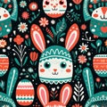 A pattern with cute bunny and flower designs on a black background, AI